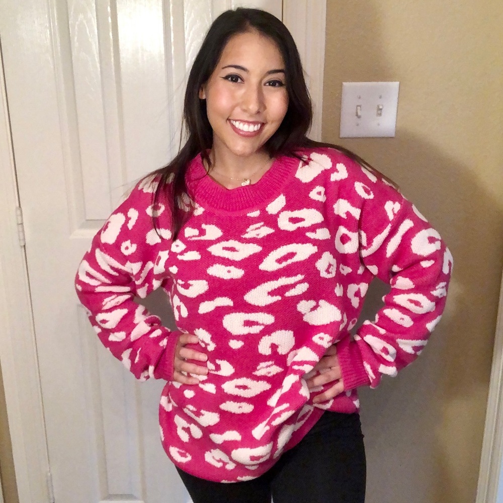 Comfy and Cute Pink and White Animal Print Sweater